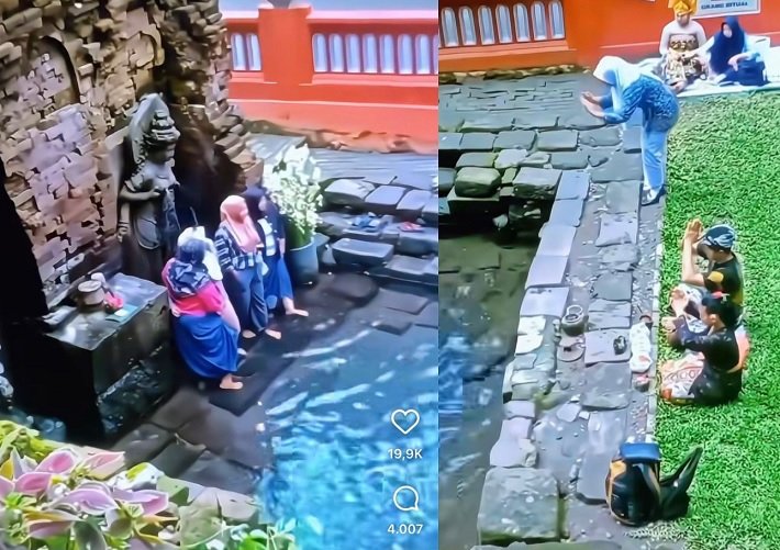 Seorang perempuan berfoto di Candi Belahan saat umat Hindu bersembahyang